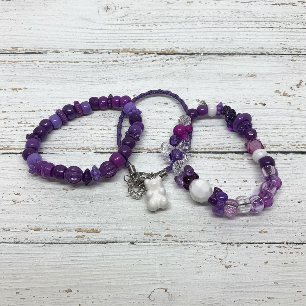 Handmade Friendship Bracelet Set Purple & White Stretch & Leather Bear Charm